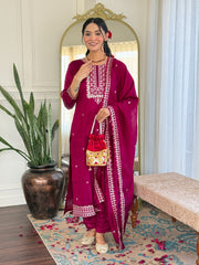 Women's Wine CP Vichitra Embroidered Straight Kurta Pant With Dupatta-MDC-YASHVI-WINE
