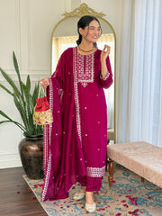 Women's Wine CP Vichitra Embroidered Straight Kurta Pant With Dupatta-MDC-YASHVI-WINE