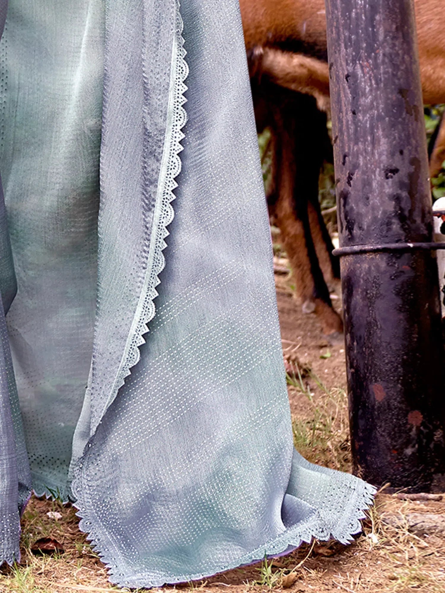Brasso Grey Embellished Indian Sari - Cotton Designer Saree