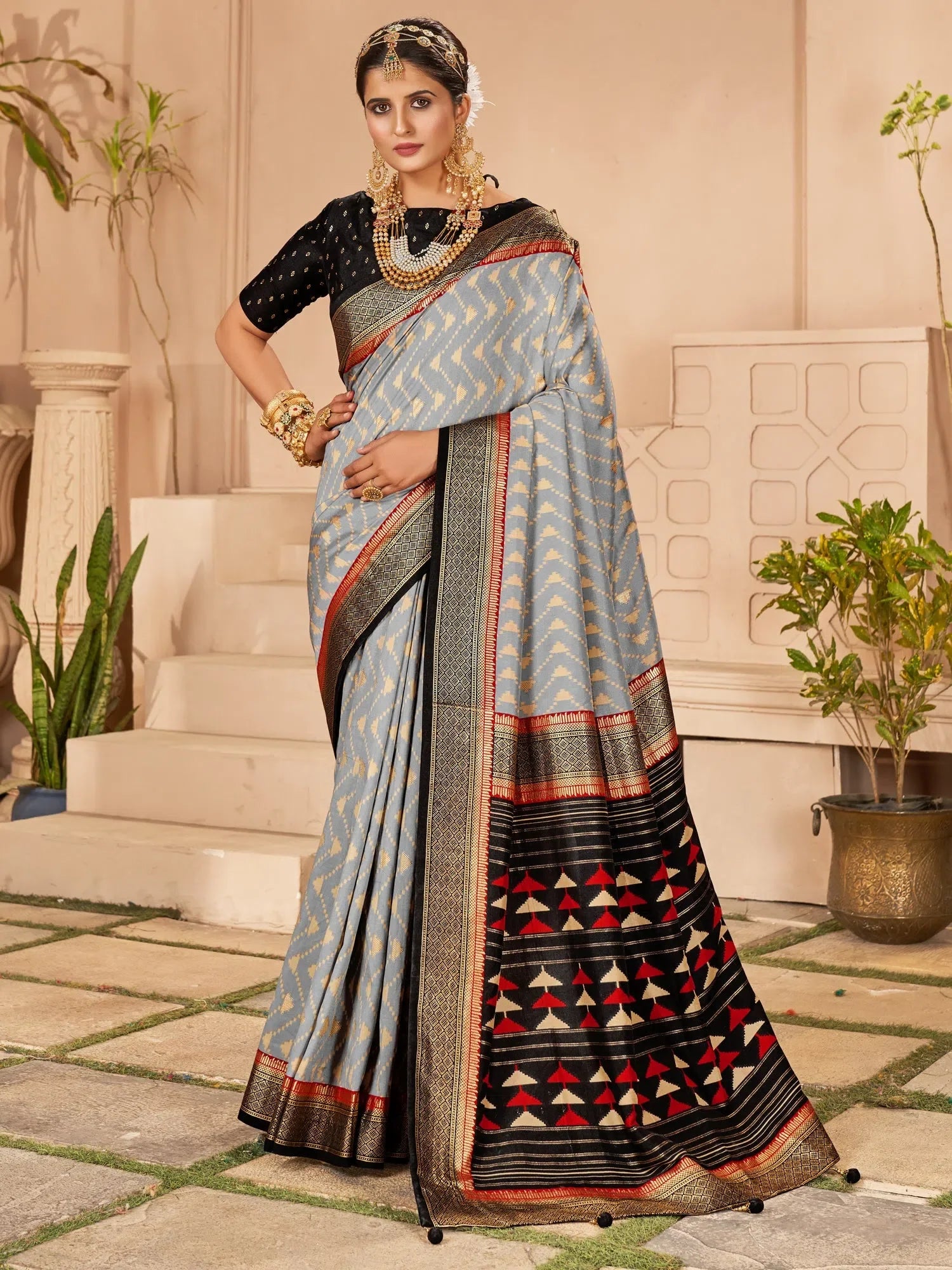 Grey Woven Polyester Saree with Blouse | Designer Indian Sari