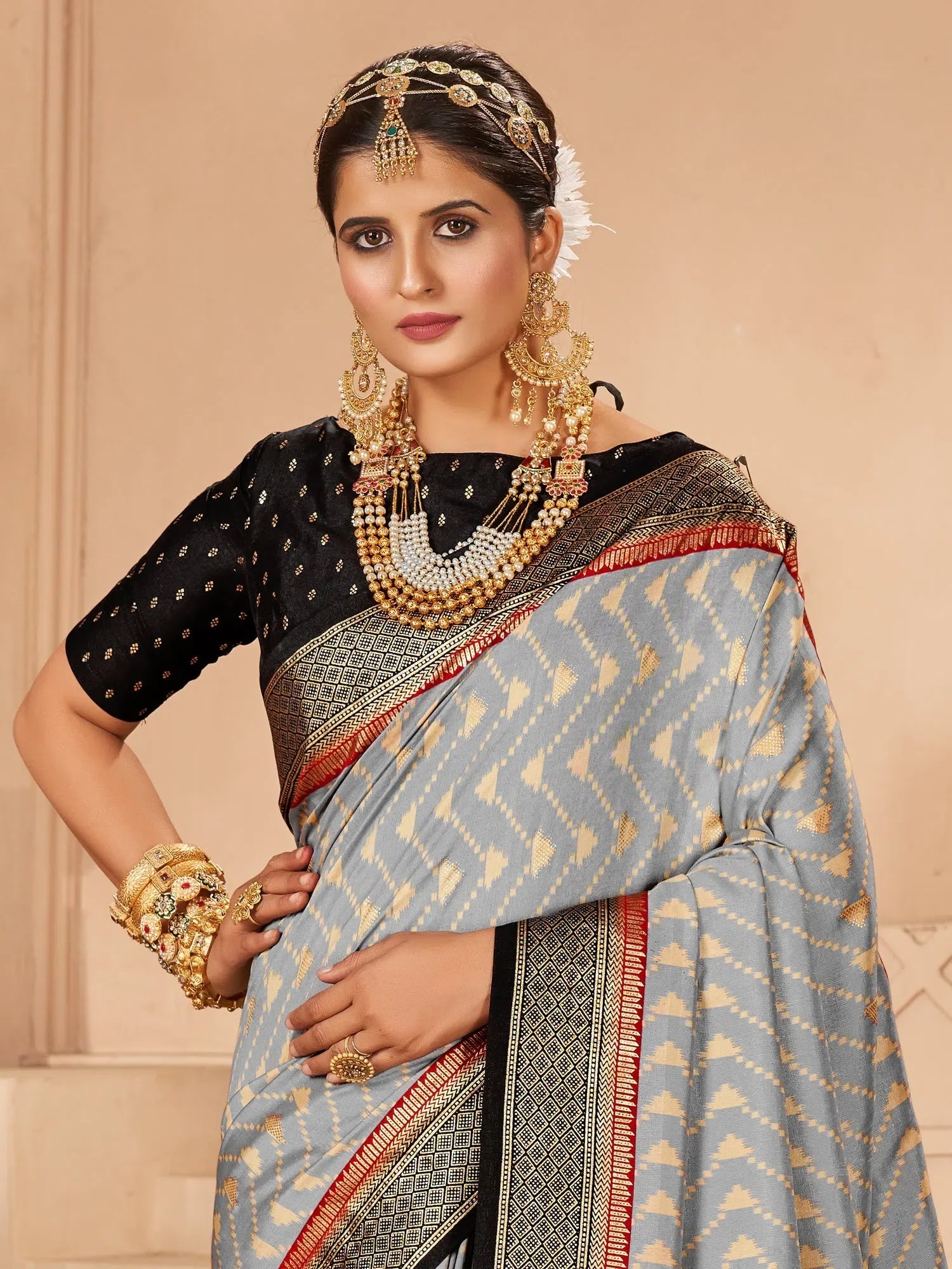 Grey Woven Polyester Saree with Blouse | Designer Indian Sari