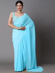 Women's Georgette Turquoise Embellished Celebrity Saree With Blouse Piece-METLIC207