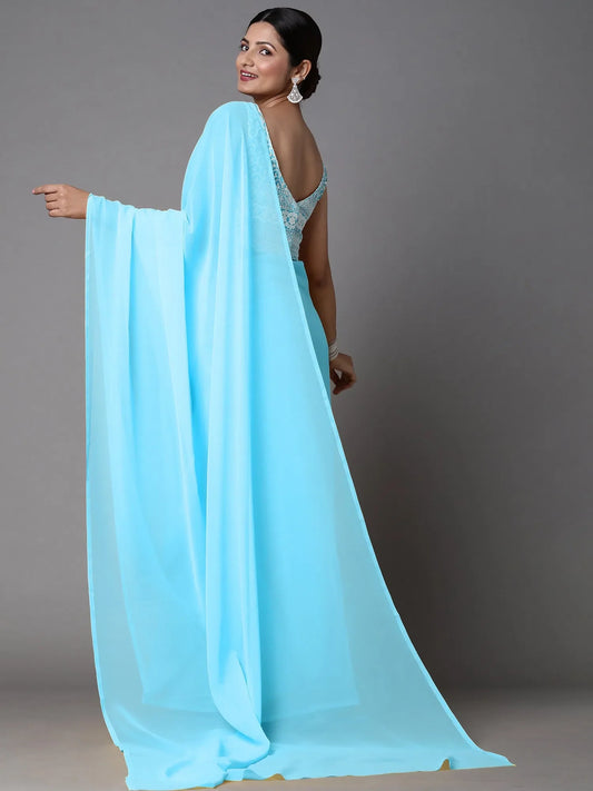 Women's Georgette Turquoise Embellished Celebrity Saree With Blouse Piece-METLIC207 1500