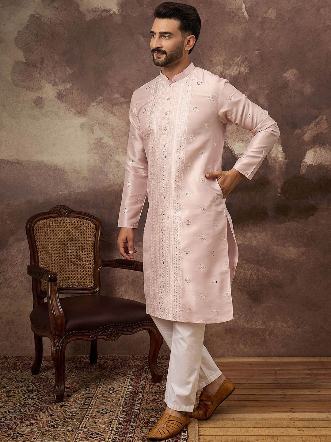 Ethnic Bay Men Pink Silk Blend Solid Embroidered Straight Kurta With Pant Set-MKSET1362
