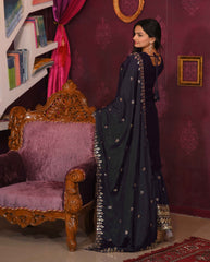 Women's Black Chinon Embroidered Straight Kurta Sharara With Dupatta-MFF-10-BLACK