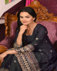 Women's Black Chinon Embroidered Straight Kurta Sharara With Dupatta-MFF-10-BLACK