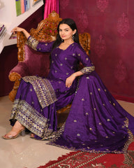 Women's Purple Chinon Embroidered Straight Kurta Sharara With Dupatta-MFF-10-PURPLE