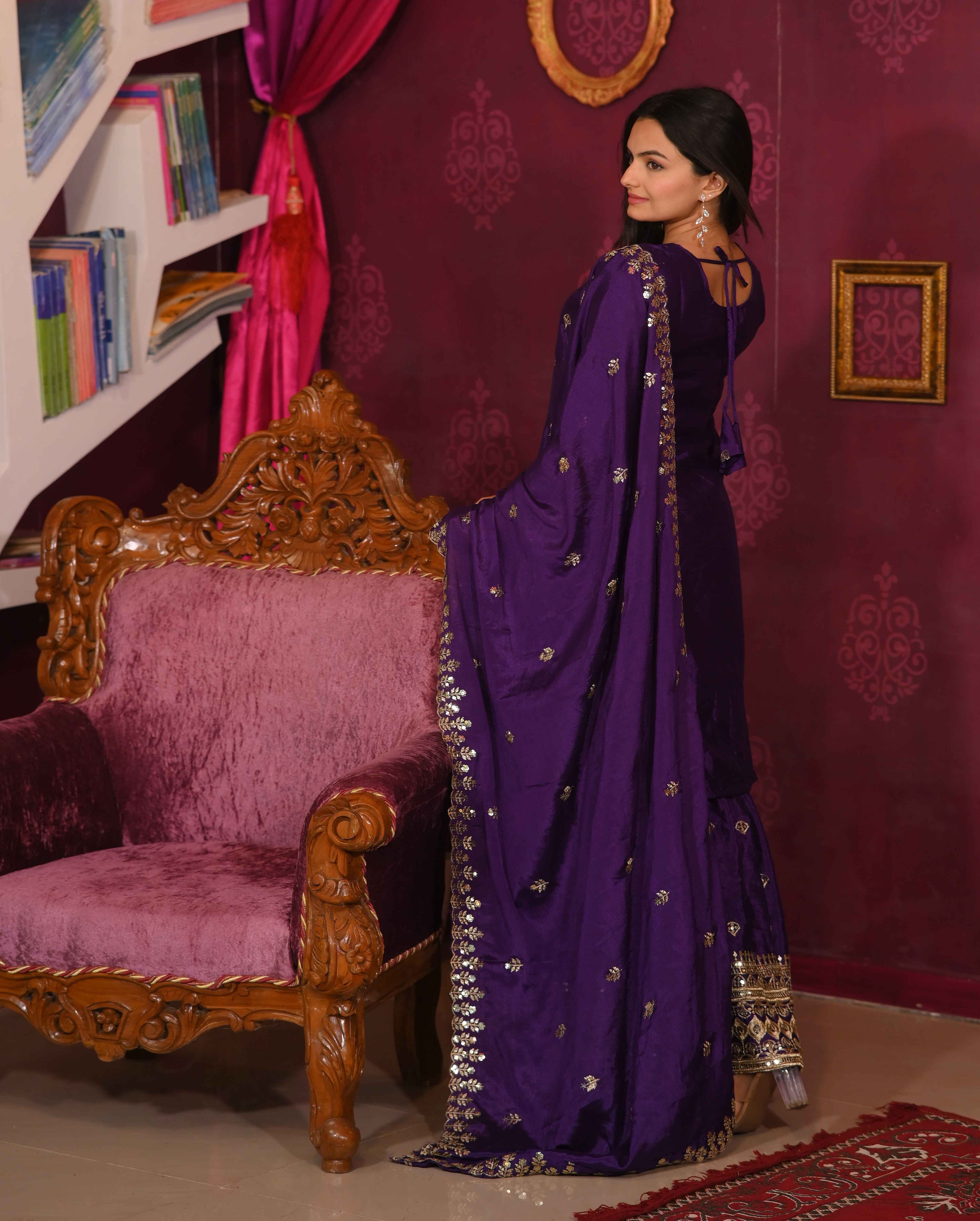Women's Purple Chinon Embroidered Straight Kurta Sharara With Dupatta