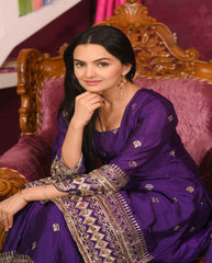 Women's Purple Chinon Embroidered Straight Kurta Sharara With Dupatta-MFF-10-PURPLE