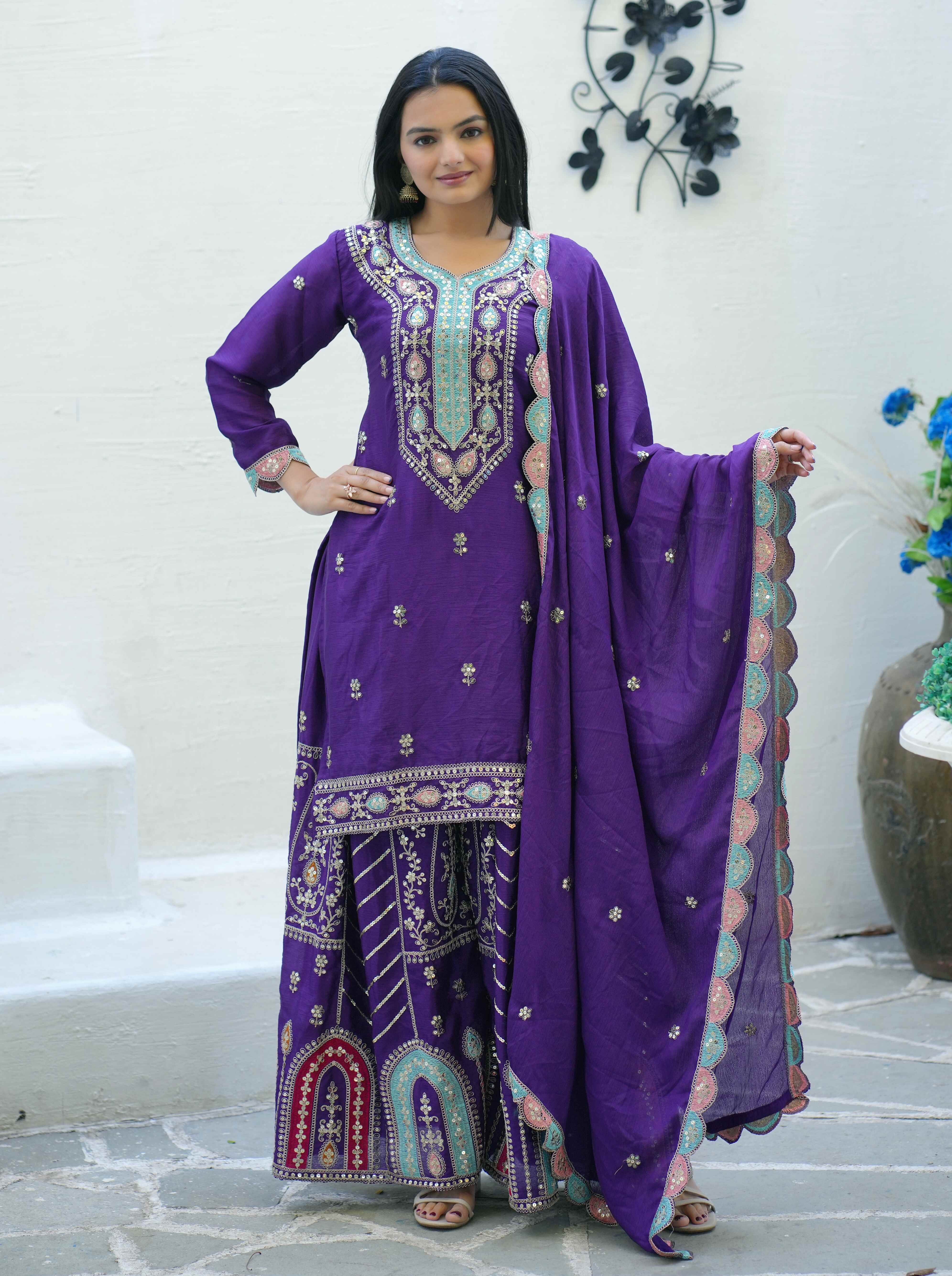 Women's Purple Chinon Sequence Straight Kurta Sharara With Dupatta