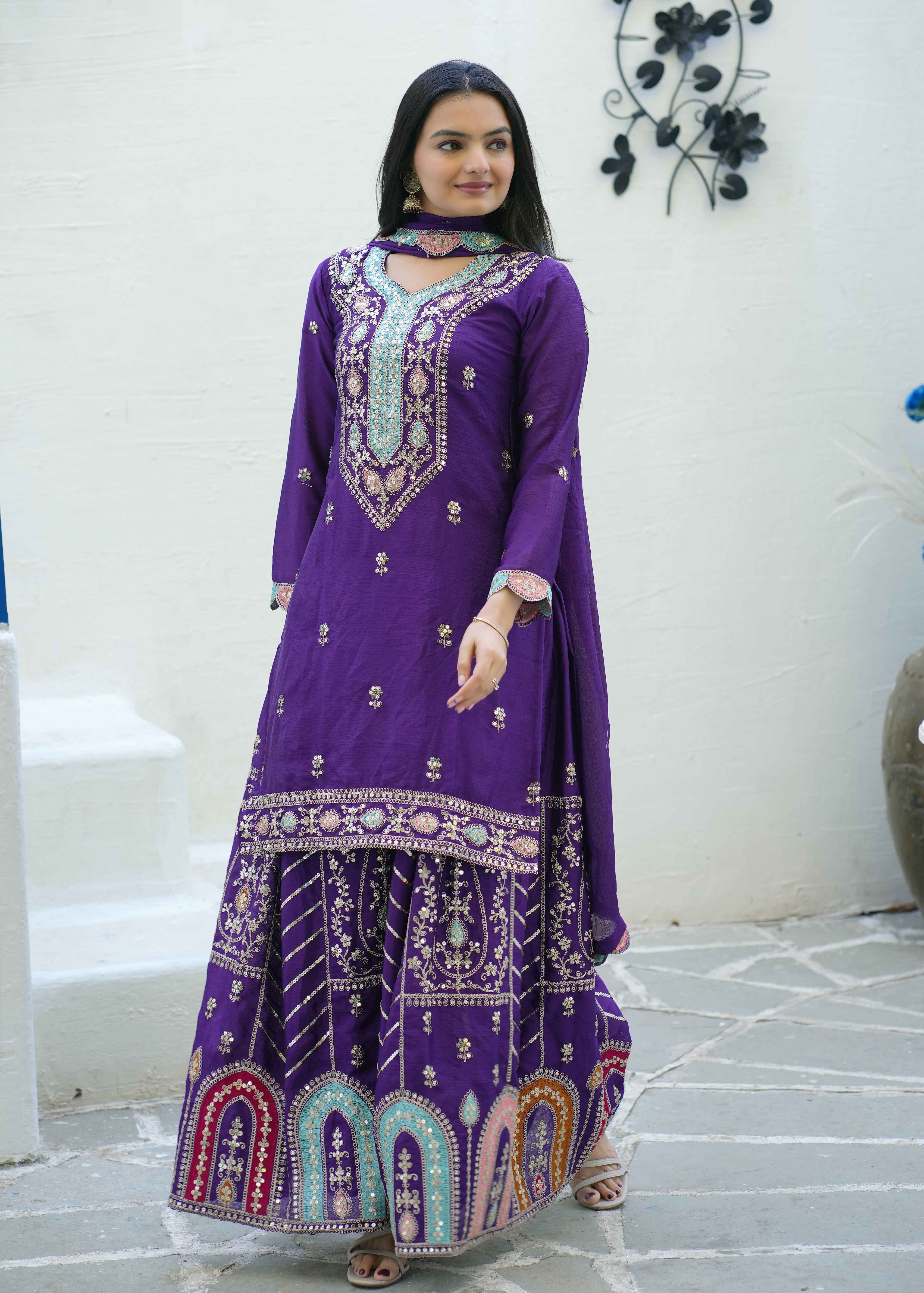 Women's Purple Chinon Sequence Straight Kurta Sharara With Dupatta