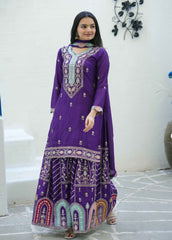 Women's Purple Chinon Sequence Straight Kurta Sharara With Dupatta-MFF-23-PURPLE