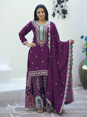 Women's Wine Chinon Sequence Straight Kurta Sharara With Dupatta-MFF-23-WINE
