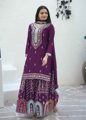 Women's Wine Chinon Sequence Straight Kurta Sharara With Dupatta-MFF-23-WINE