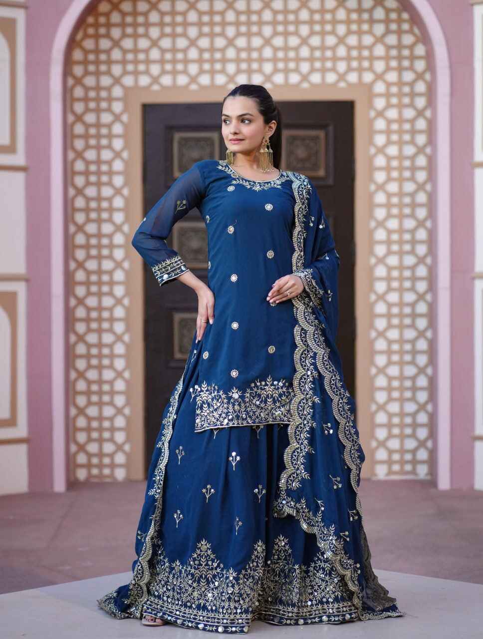 Women's Blue Georgette Embroidered Straight Kurta Lehenga With Dupatta