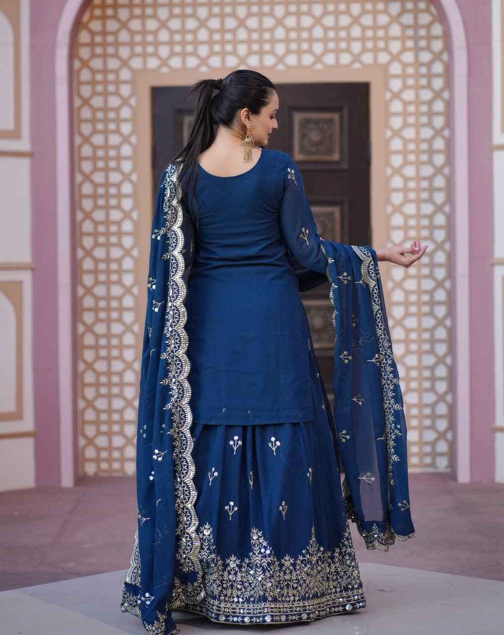 Women's Blue Georgette Embroidered Straight Kurta Lehenga With Dupatta