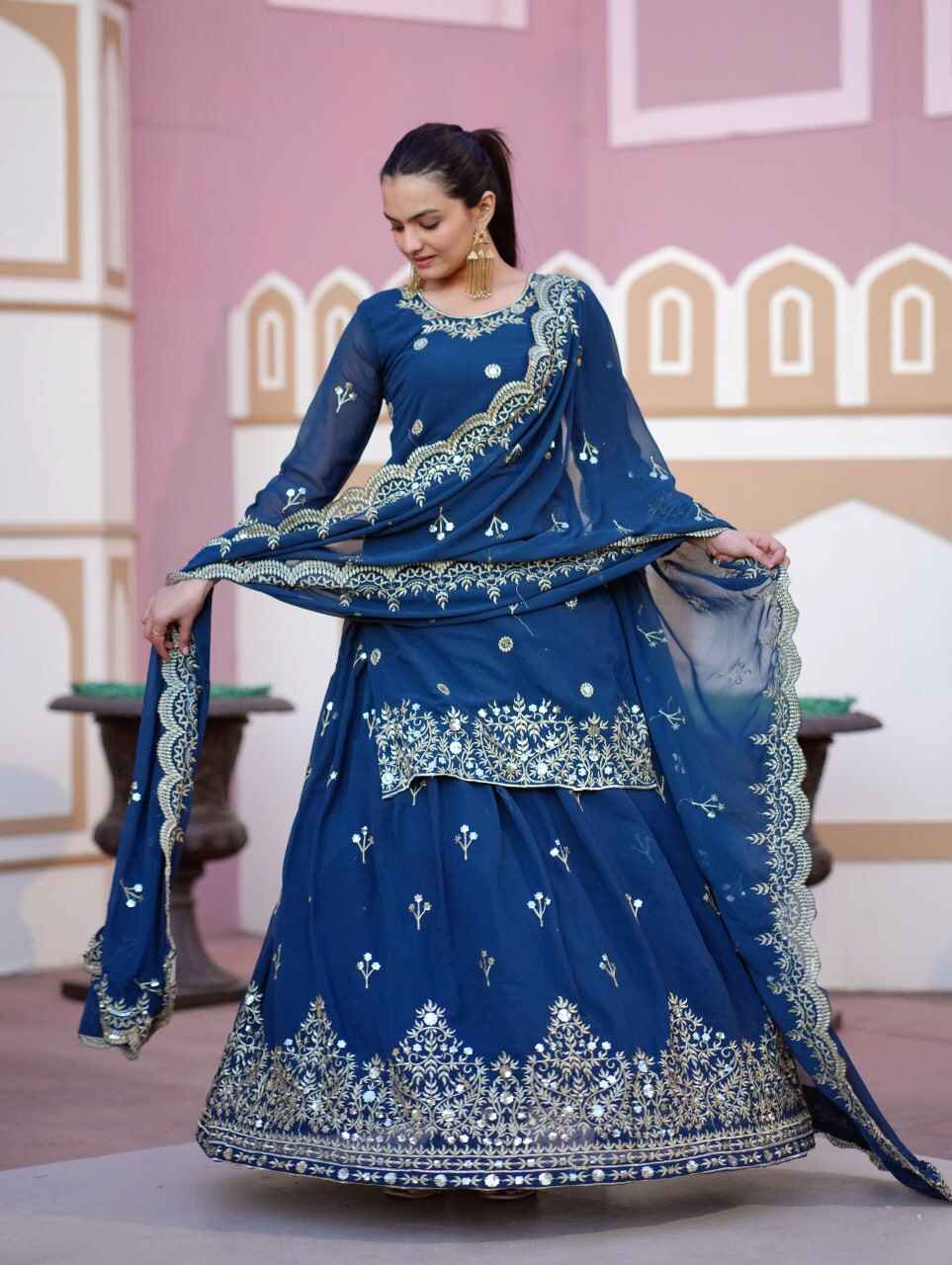 Women's Blue Georgette Embroidered Straight Kurta Lehenga With Dupatta