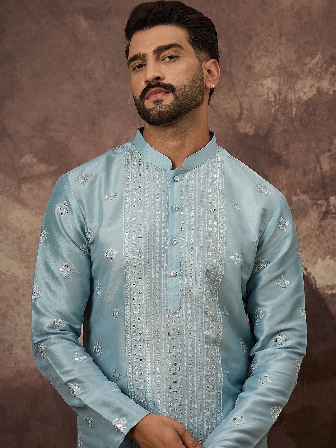 Ethnic Bay Men Blue Silk Blend Solid Embroidered Straight Kurta With Pant Set-MKSET1365