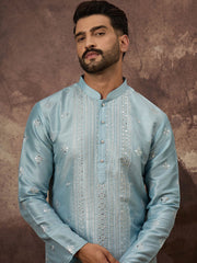 Ethnic Bay Men Blue Silk Blend Solid Embroidered Straight Kurta With Pant Set-MKSET1365