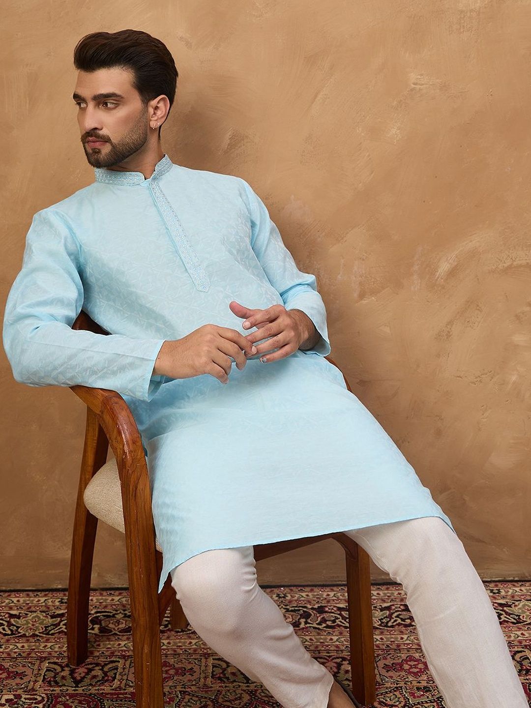 Ethnic Bay Men Blue Silk Blend Solid Embroidered Straight Kurta With Pant Set-MKSET1452