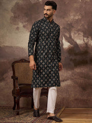 Ethnic Bay Men Black Viscose Rayon Geometric Embroidered Straight Kurta With Pant Set-MKSET1403