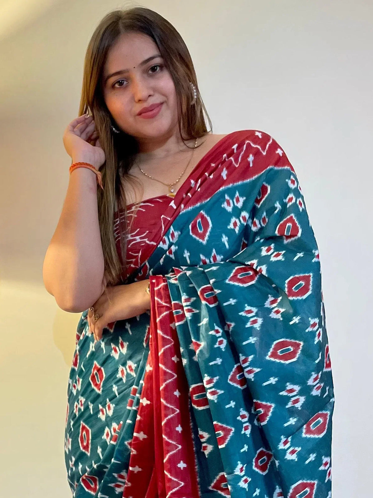Women's Cotton Teal Blue Printed Designer Saree With Blouse Piece-MINAXI1009