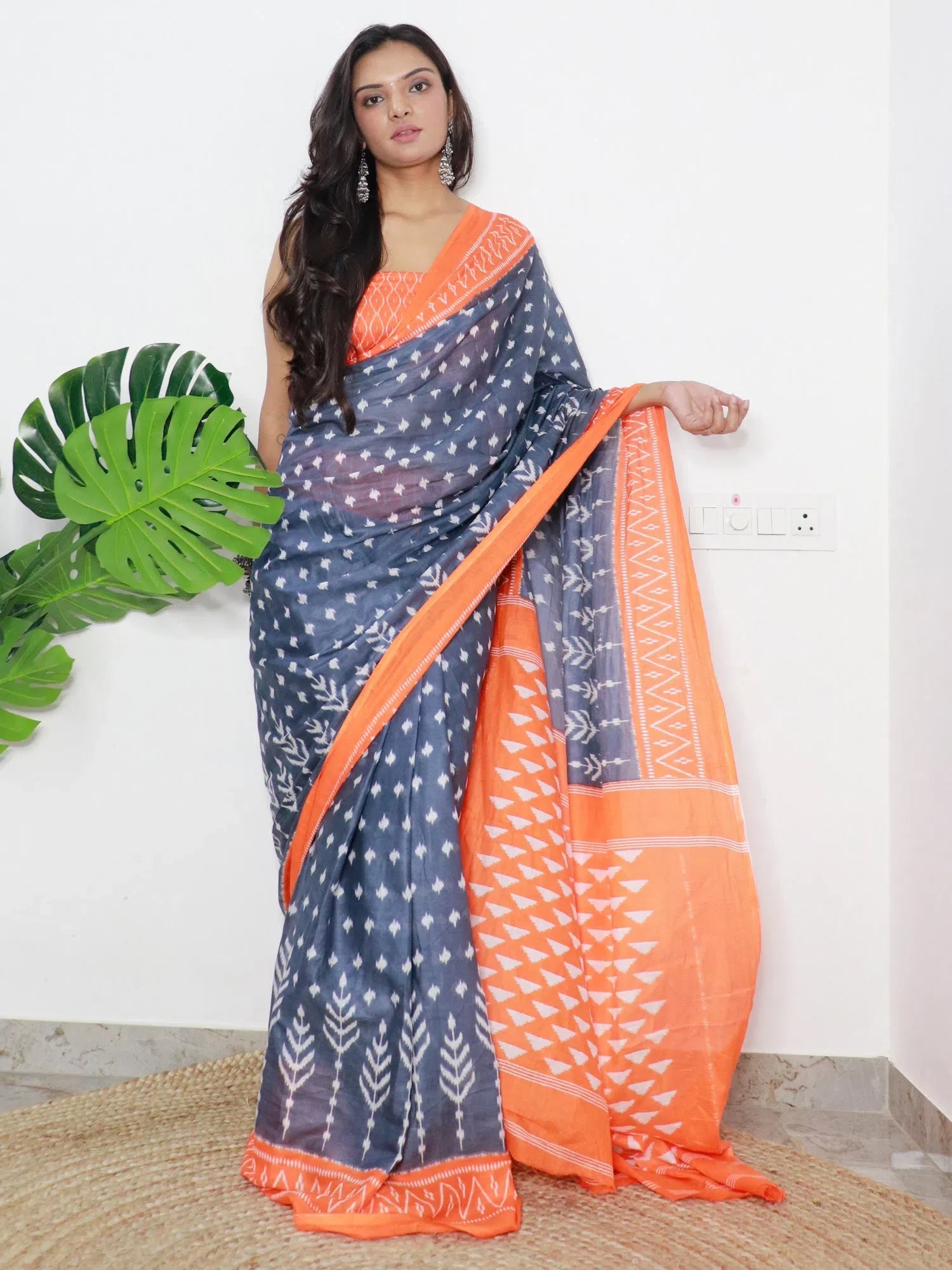 Grey Printed Cotton Saree - Indian Sarees & Blouse Piece