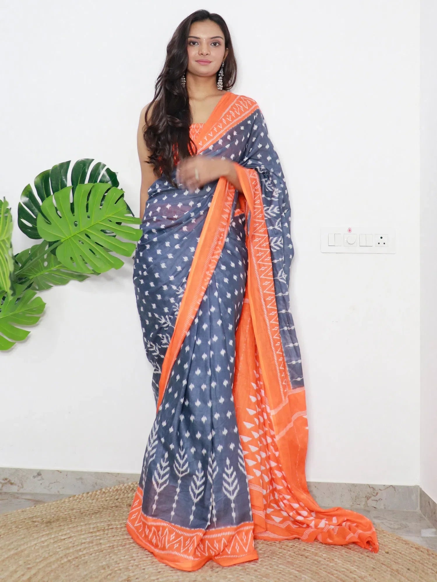 Grey Printed Cotton Saree - Indian Sarees & Blouse Piece