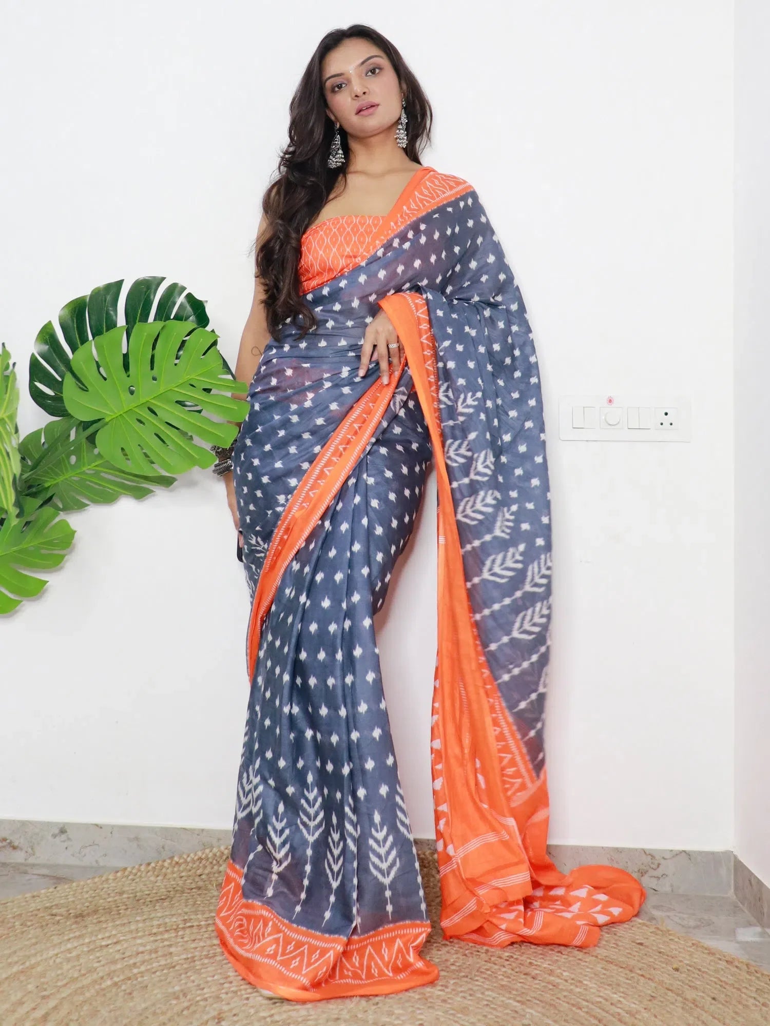 Grey Printed Cotton Saree - Indian Sarees & Blouse Piece