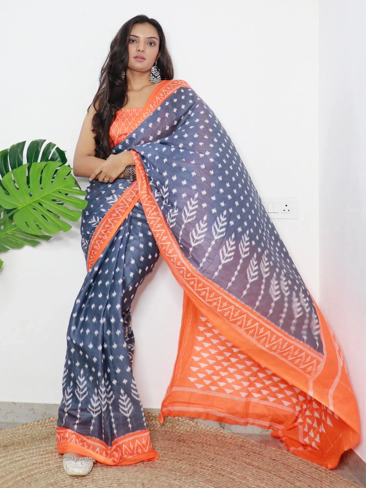 Grey Printed Cotton Saree - Indian Sarees & Blouse Piece