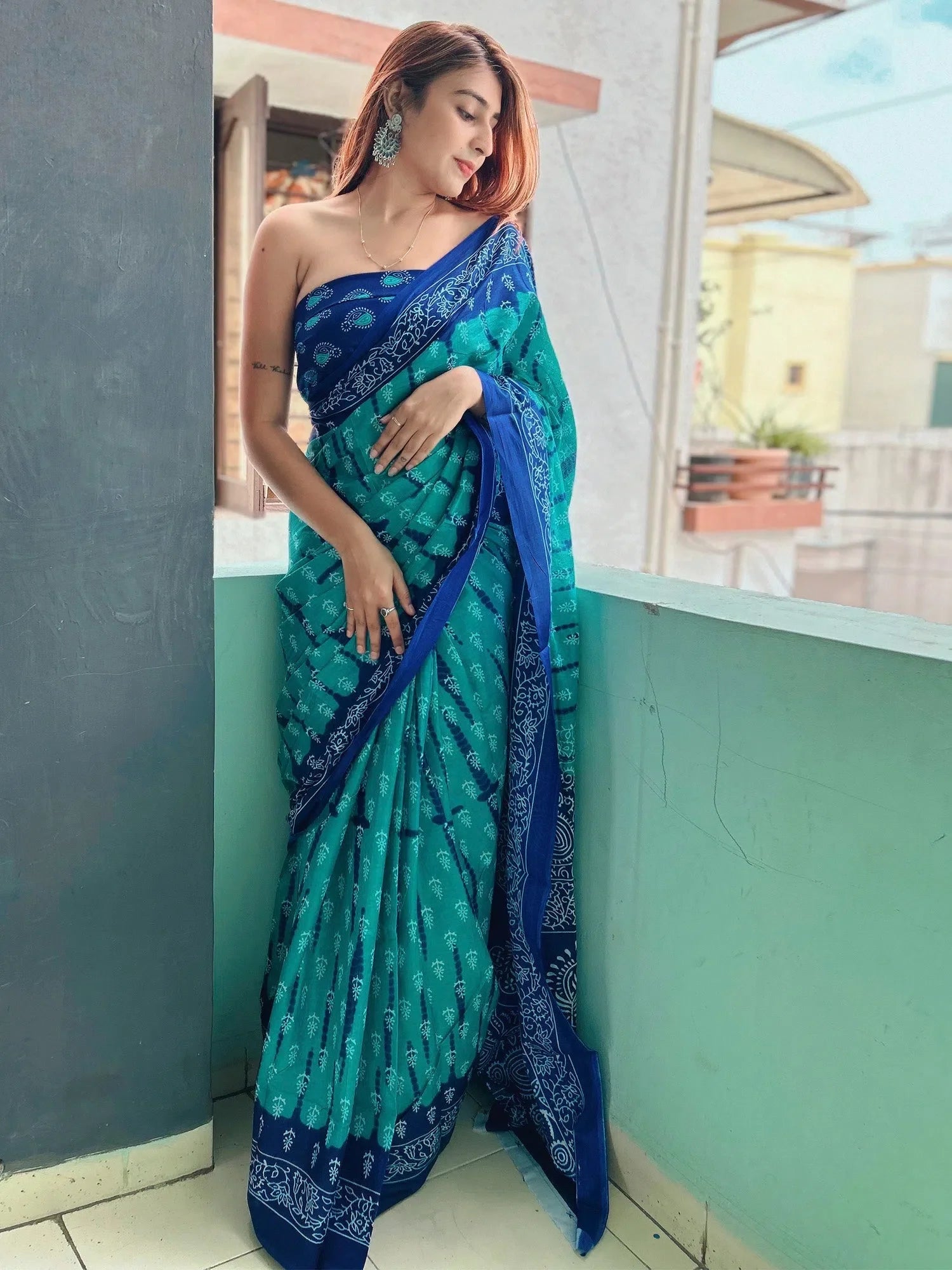 Blue Printed Cotton Saree with Blouse - Indian Sarees