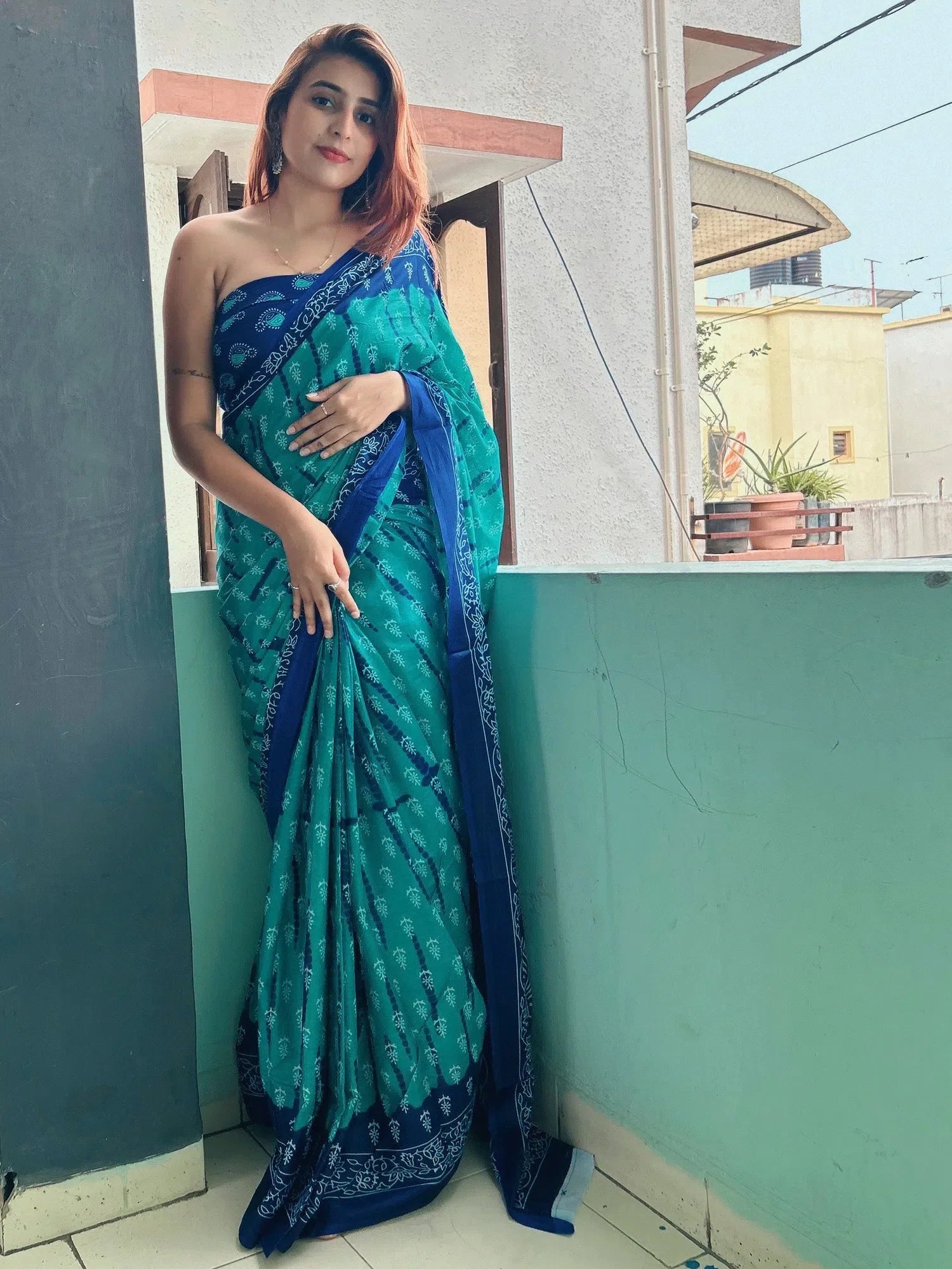 Blue Printed Cotton Saree with Blouse - Indian Sarees
