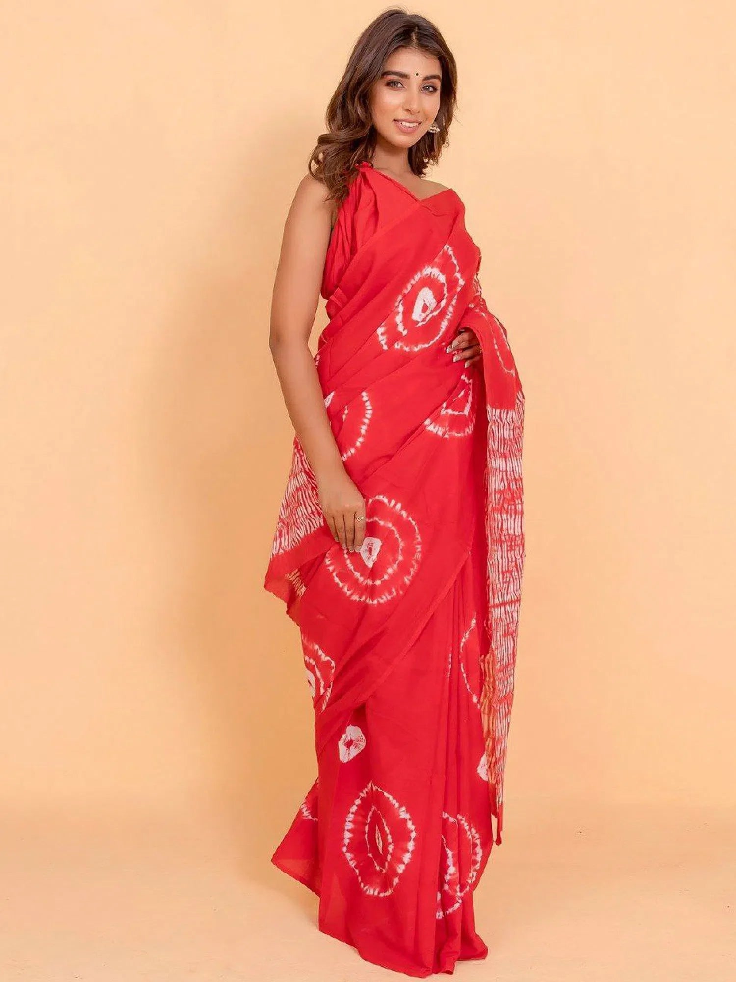 Red Printed Cotton Indian Sari - Designer Saree with Blouse