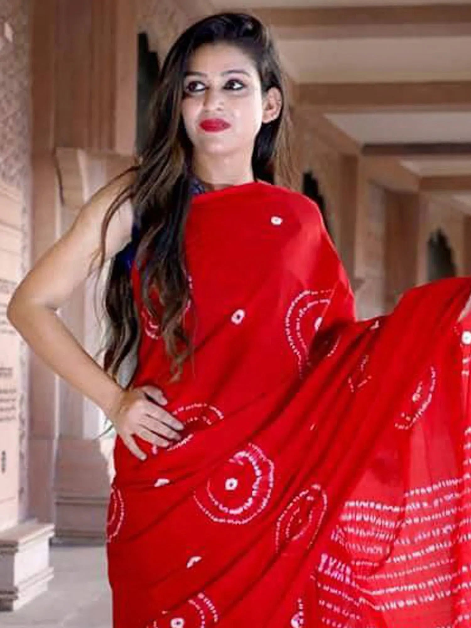 Red Printed Cotton Indian Sari - Designer Saree with Blouse