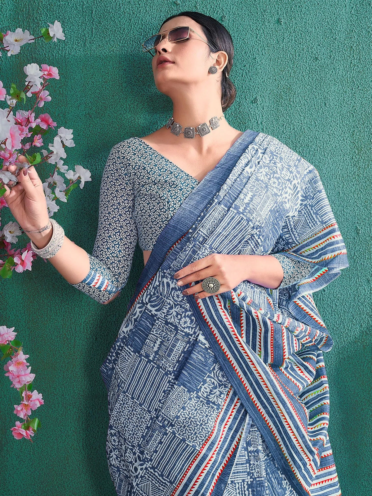 Women's Dola Blue Printed Designer Saree With Blouse Piece-DOLALX06F