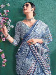 Women's Dola Blue Printed Designer Saree With Blouse Piece-DOLALX06F