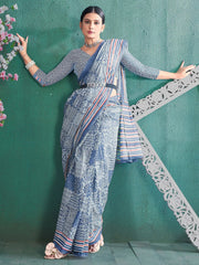 Women's Dola Blue Printed Designer Saree With Blouse Piece-DOLALX06F