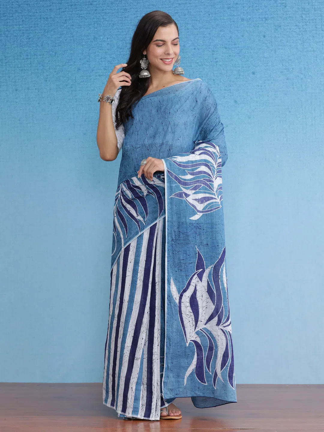 Women's Cotton Blue Printed Designer Saree With Blouse Piece-MINAXI4909