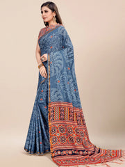 Women's Cotton Grey Printed Designer Saree With Blouse Piece-MINAXI5001