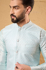 Blue Jacquard Woven Design Mandarin Collar Koti MKOT1038