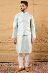 Blue Jacquard Woven Design Mandarin Collar Koti MKOT1038