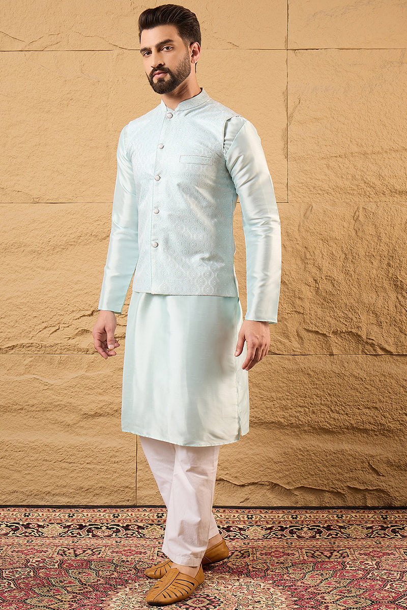 Blue Jacquard Woven Design Mandarin Collar Koti MKOT1038