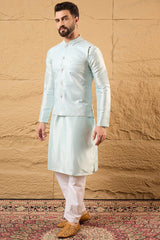 Blue Jacquard Woven Design Mandarin Collar Koti MKOT1038