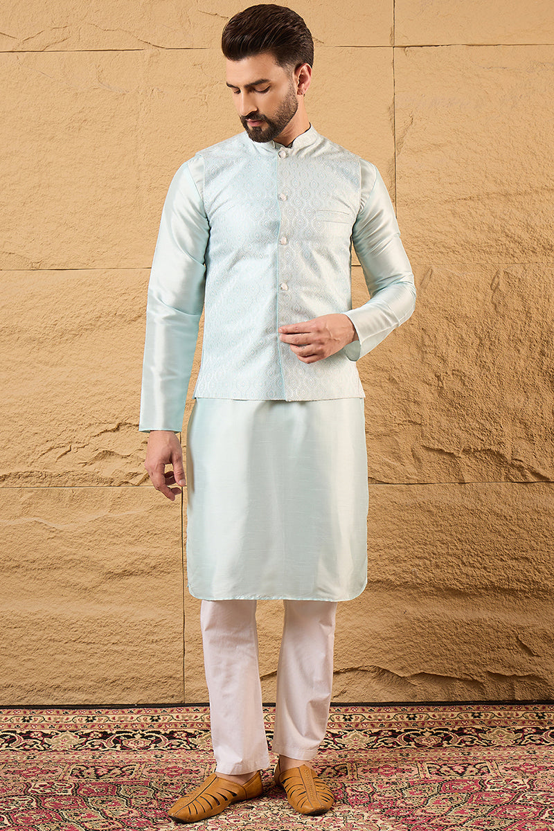 Blue Jacquard Woven Design Mandarin Collar Koti MKOT1038
