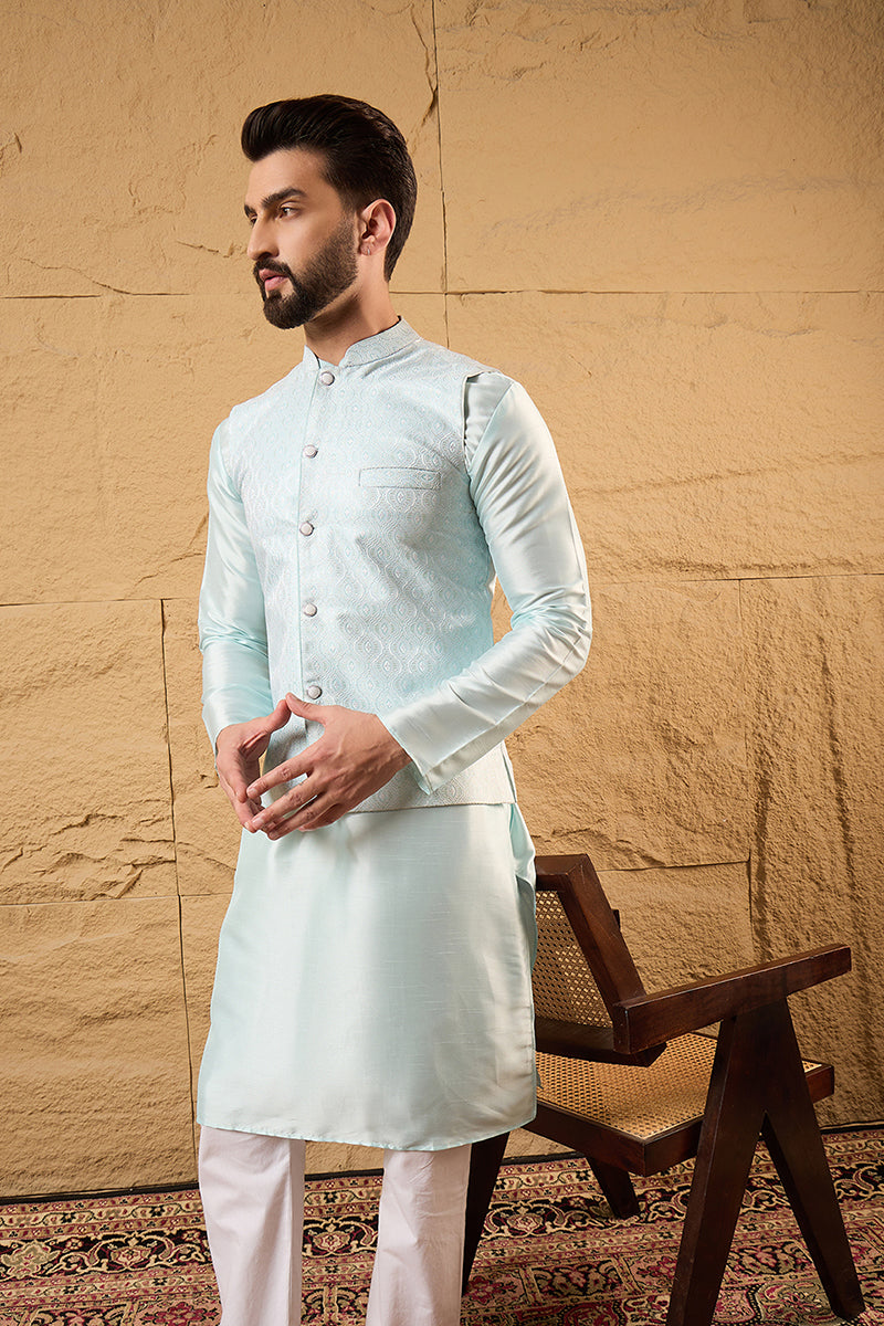 Blue Jacquard Woven Design Mandarin Collar Koti MKOT1038
