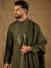 Ethnic Bay Men Green Silk Blend Embroidered Straight Kurta Trouser with Dupatta-MKPD1001
