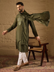 Ethnic Bay Men Green Silk Blend Embroidered Straight Kurta Trouser with Dupatta-MKPD1001