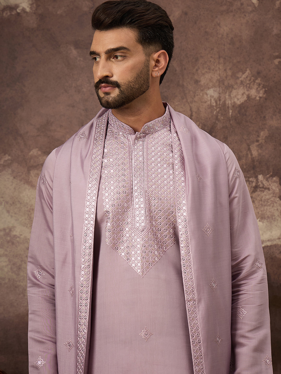 Ethnic Bay Men Lavender Silk Blend Embroidered Straight Kurta Trouser with Dupatta-MKPD1002