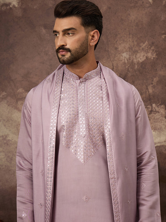 Ethnic Bay Men Lavender Silk Blend Solid Embroidered Straight Kurta with Dupatta-MKUD1002 1080