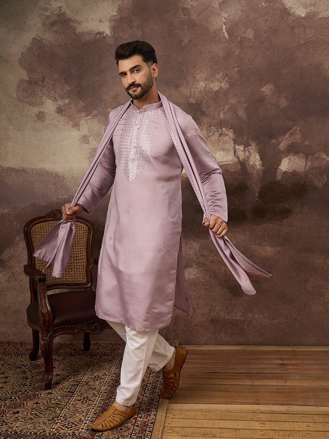 Ethnic Bay Men Lavender Silk Blend Solid Embroidered Straight Kurta with Dupatta-MKUD1002